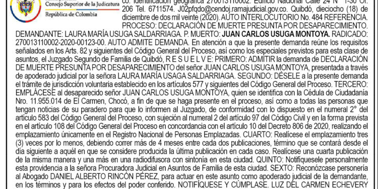 Edicto. Admisión de demanda de muerte presunta por desaparecimiento