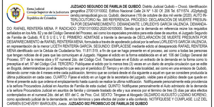 Edicto muerte presunta por desaparecimiento Rafael Rentería Mena