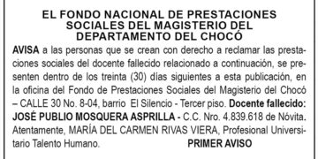 Edicto 1er. aviso José Publio Mosquera Asprilla