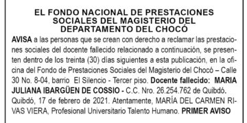 Edicto 1er. aviso María Juliana Ibargüen de Cossio