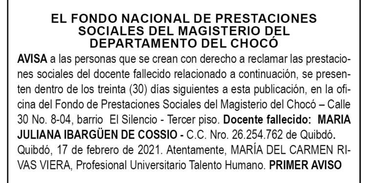 Edicto 1er. aviso María Juliana Ibargüen de Cossio