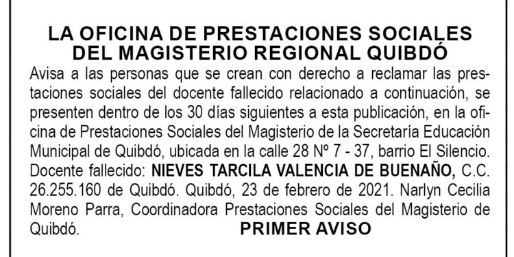 Edicto 1er. aviso Nieves Tarcila Valencia de Buenaño