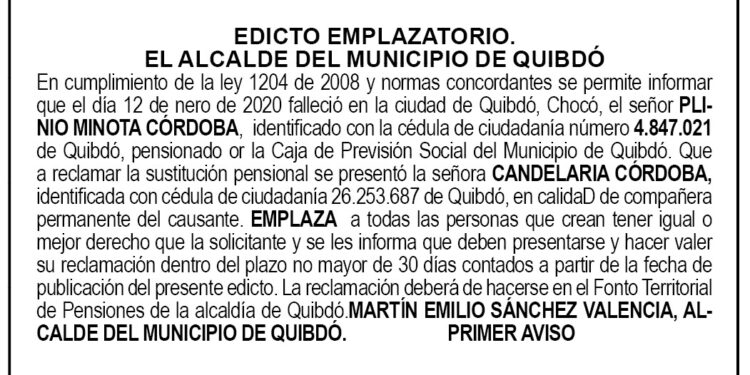 Edicto 1er. aviso Plinio Minota Córdoba