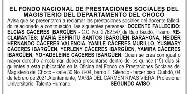 Edicto 2do. aviso Elcías Cáceres Ibargüen