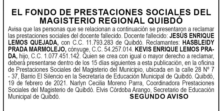 Edicto 2do. aviso Jesús Enrique Lemos Quejada