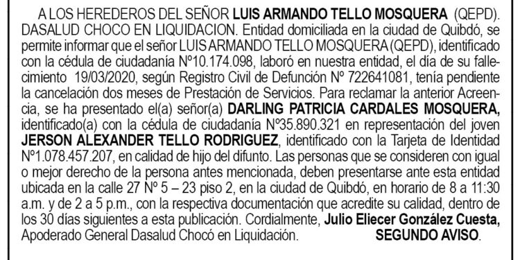 Edicto 2do. aviso Luis Armando Tello Mosquera