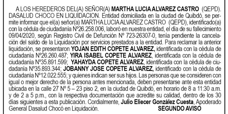 Edicto 2do. aviso Martha Lucía Álvarez Castro