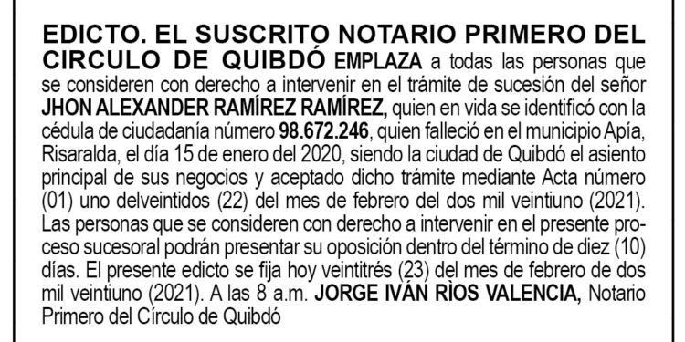 Edicto Jhon Alexander Ramírez Ramírez