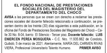 Edicto 1er. aviso Luis Eniercen Perea Mosquera