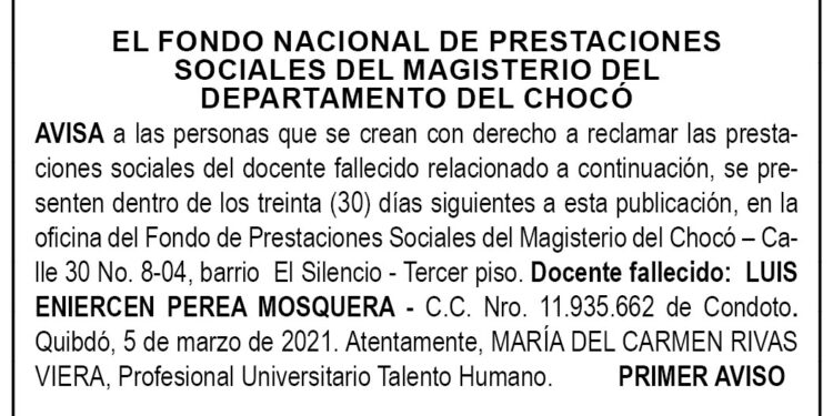 Edicto 1er. aviso Luis Eniercen Perea Mosquera