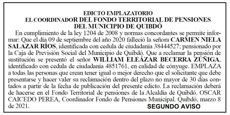 Edicto 2do. aviso Carmen Niela Salazar Ríos