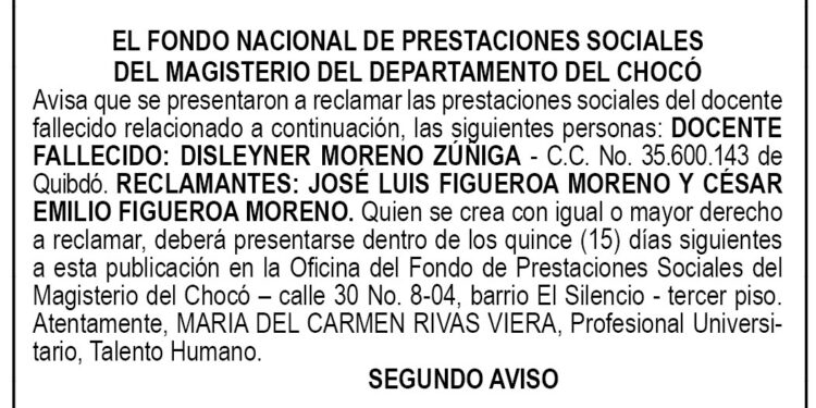 Edicto 2do. aviso Disleyner Moreno Zúñiga