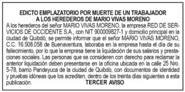 Edicto 3er. aviso Mario Vivas Moreno