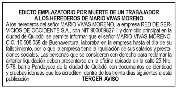 Edicto 3er. aviso Mario Vivas Moreno
