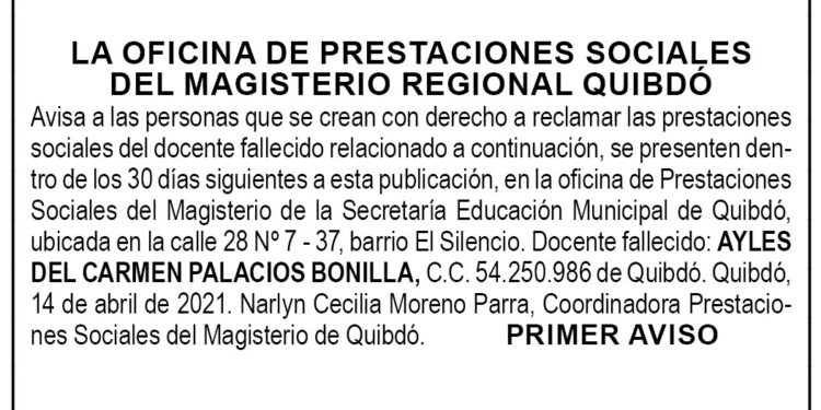 Edicto 1er. aviso Ayles del Carmen Palacios Bonilla