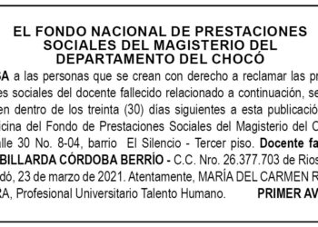 Edicto 1er. aviso Billarda Córdoba Berrío