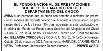 Edicto 1er. aviso Billarda Córdoba Berrío
