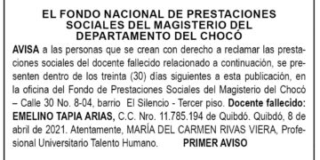 Edicto 1er. aviso Emelino Tapia Arias