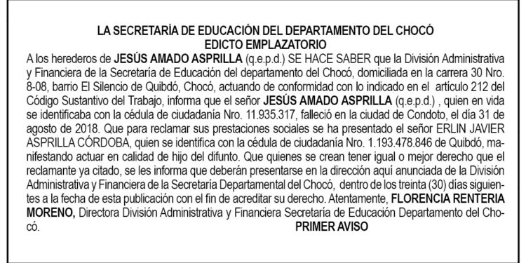 Edicto 1er. aviso Jesús Amado Asprilla
