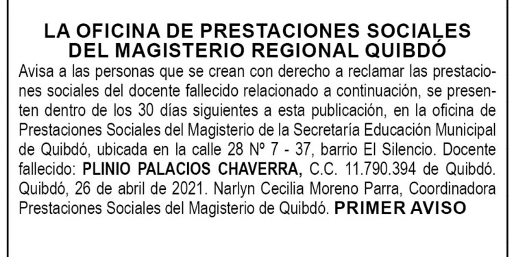 Edicto 1er. aviso Plinio Palacios Chaverra