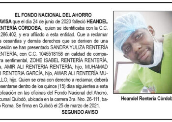 Edicto 2do. aviso Heandel Rentería Córdoba
