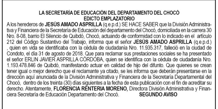 Edicto 2do. aviso Jesús Amado Asprilla
