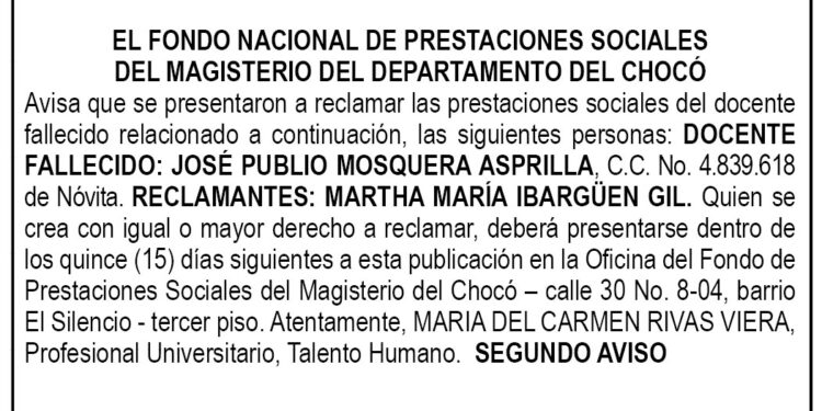 Edicto 2do. aviso José Publio Mosquera Asprilla