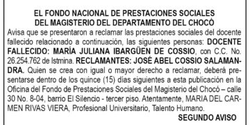 Edicto 2do. aviso María Juliana Ibargüen de Cossio