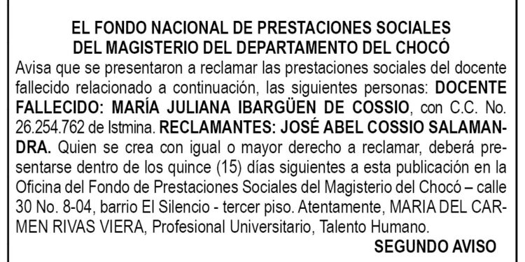 Edicto 2do. aviso María Juliana Ibargüen de Cossio