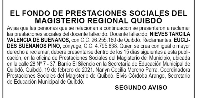 Edicto 2do. aviso Nieves Tarcila Valencia de Buenaños