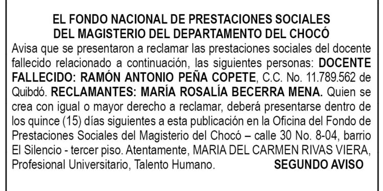 Edicto 2do. aviso Ramón Antonio Peña Copete