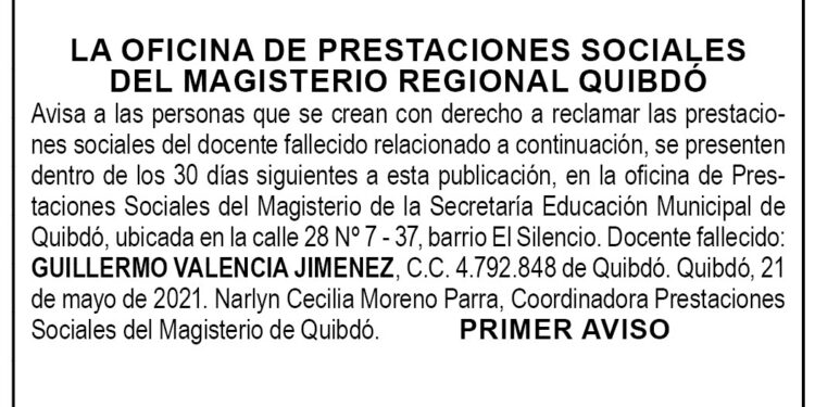 Edicto 1er. aviso Guillermo Valencia Jiménez