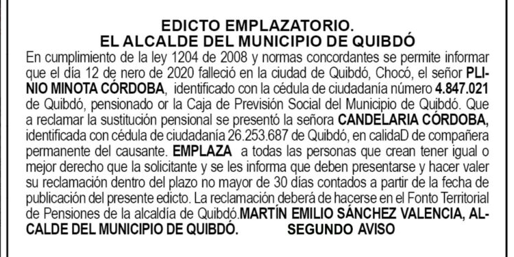 Edicto 2do. aviso Plinio Minota Córdoba
