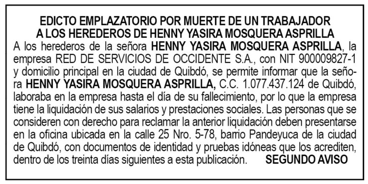 Edicto 2do. aviso Henny Yasira Mosquera Asprilla