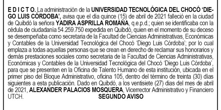 Edicto 2do. aviso Yadira Asprilla Romaña