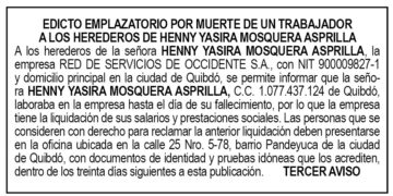 Edicto 3er. aviso Henny Yasira Mosquera Asprilla