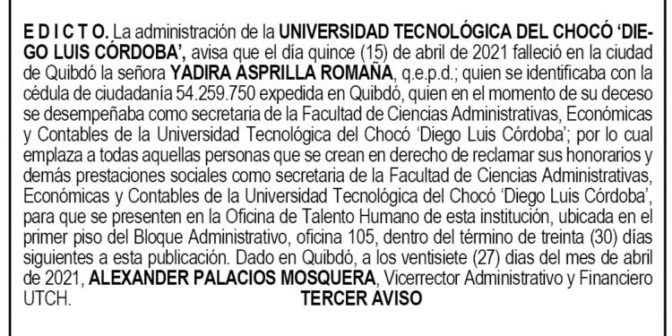 Edicto 3er. aviso Yadira Asprilla Romaña
