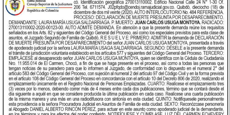 Edicto. Admisión de demanda de muerte presunta por desaparecimiento.