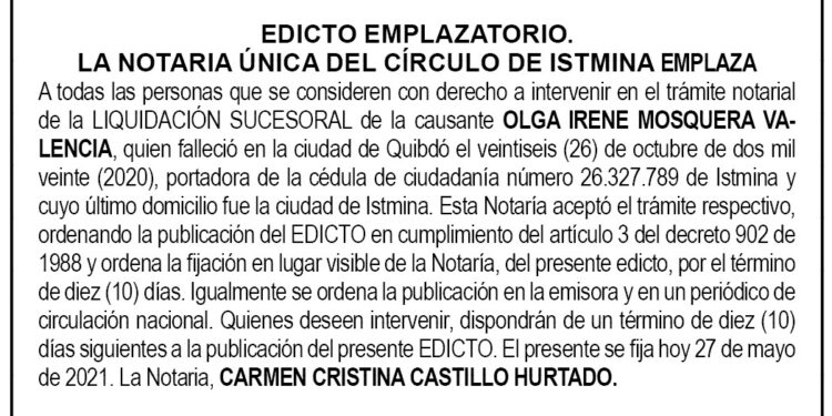 Edicto Ola Irene Mosquera Valencia