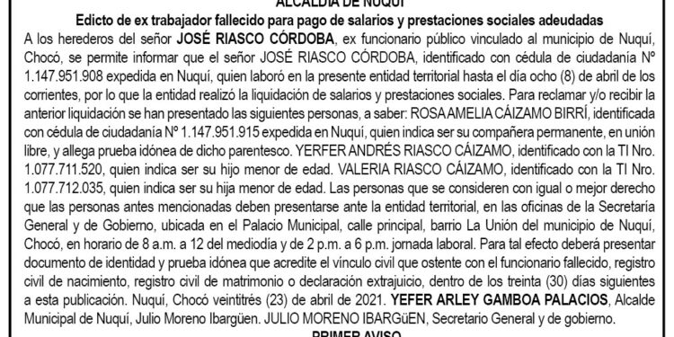 Edicto 1er. aviso José Riasco Córdoba