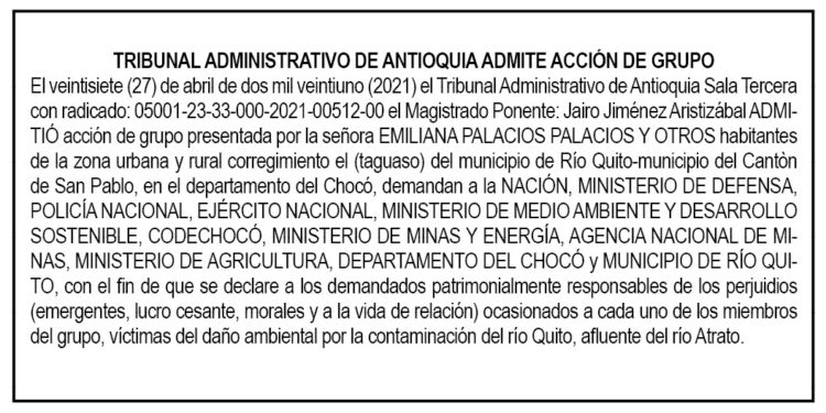 Tribunal Administrativo de Antioquia admite acción de grupo