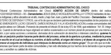 Tribunal Administrativo del Chocó admite acción de grupo