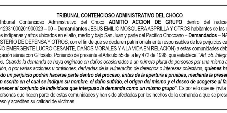 Tribunal Administrativo del Chocó admite acción de grupo