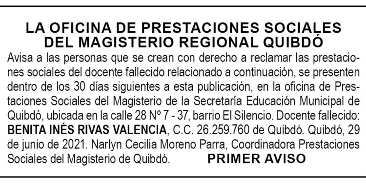 Edicto 1er. aviso Benita Inés Rivas Valencia