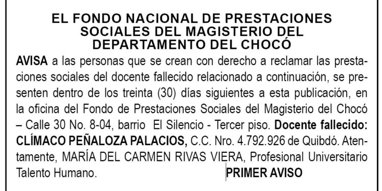 Edicto 1er. aviso Clímaco Peñaloza Palacios
