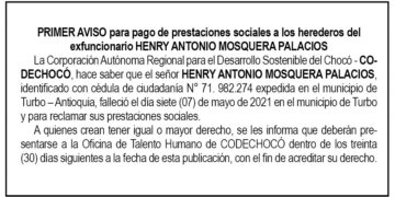 Edicto 1er. aviso Henry Antonio Mosquera Palacios