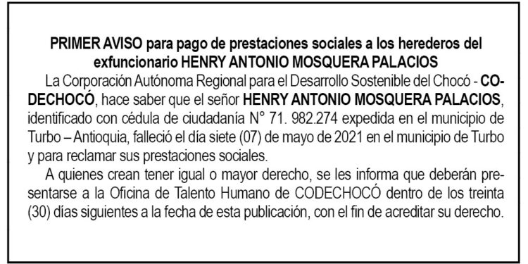 Edicto 1er. aviso Henry Antonio Mosquera Palacios