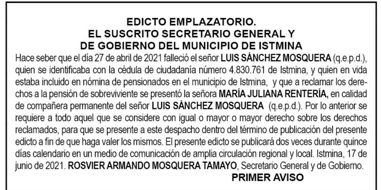 Edicto 1er. aviso Luis Sánchez Mosquera