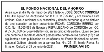 Edicto 1er. aviso José Óscar Córdoba Lizcano