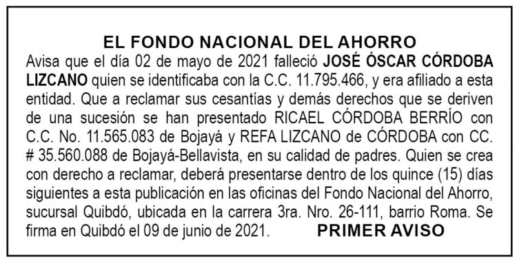 Edicto 1er. aviso José Óscar Córdoba Lizcano